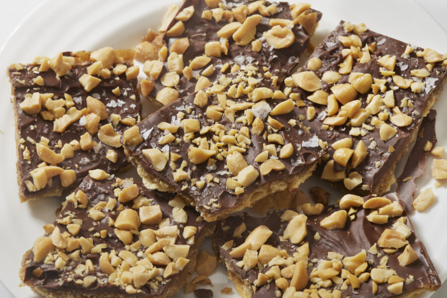 Saltine Cracker Toffee Squares (AKA Xmas Crack) with Roasted Peanuts and Finishing Salt