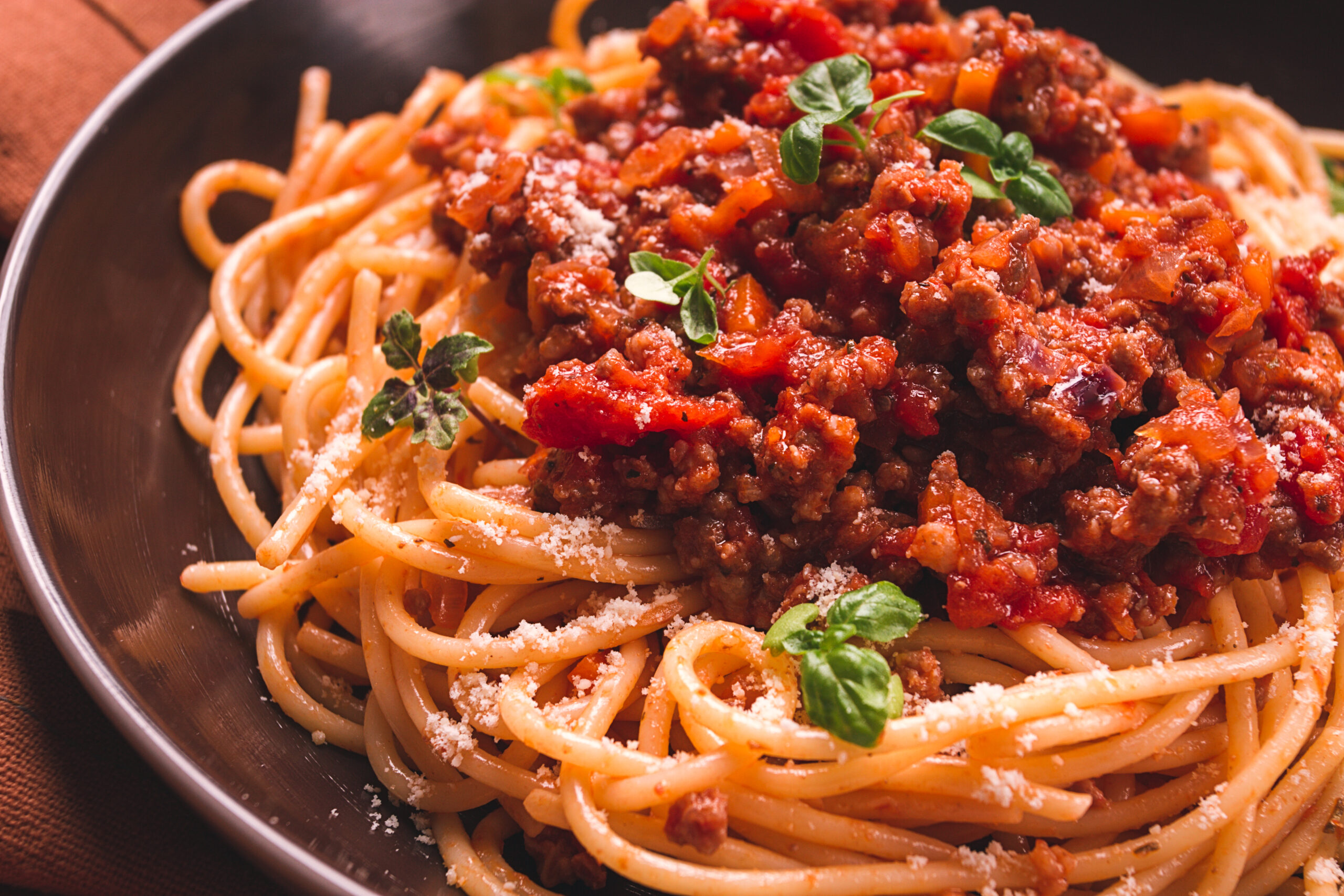 Spaghetti Bolognese, top view, close-up, no people, homemade,