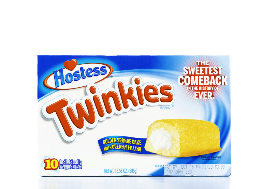 Suffolk, Virginia, USA - September 28, 2013: A horizontal studio shot of an unopened box of Hostess Twinkies cakes, featuring the slogan: The Sweetest Comeback in the History of Ever, which marks the return of this iconic American snack.