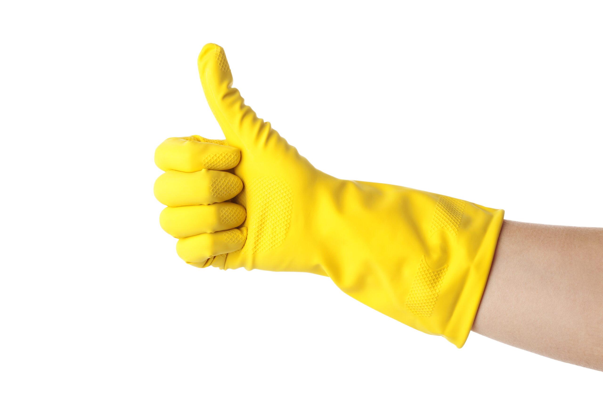 Thumbs up with a orange vinyl glove