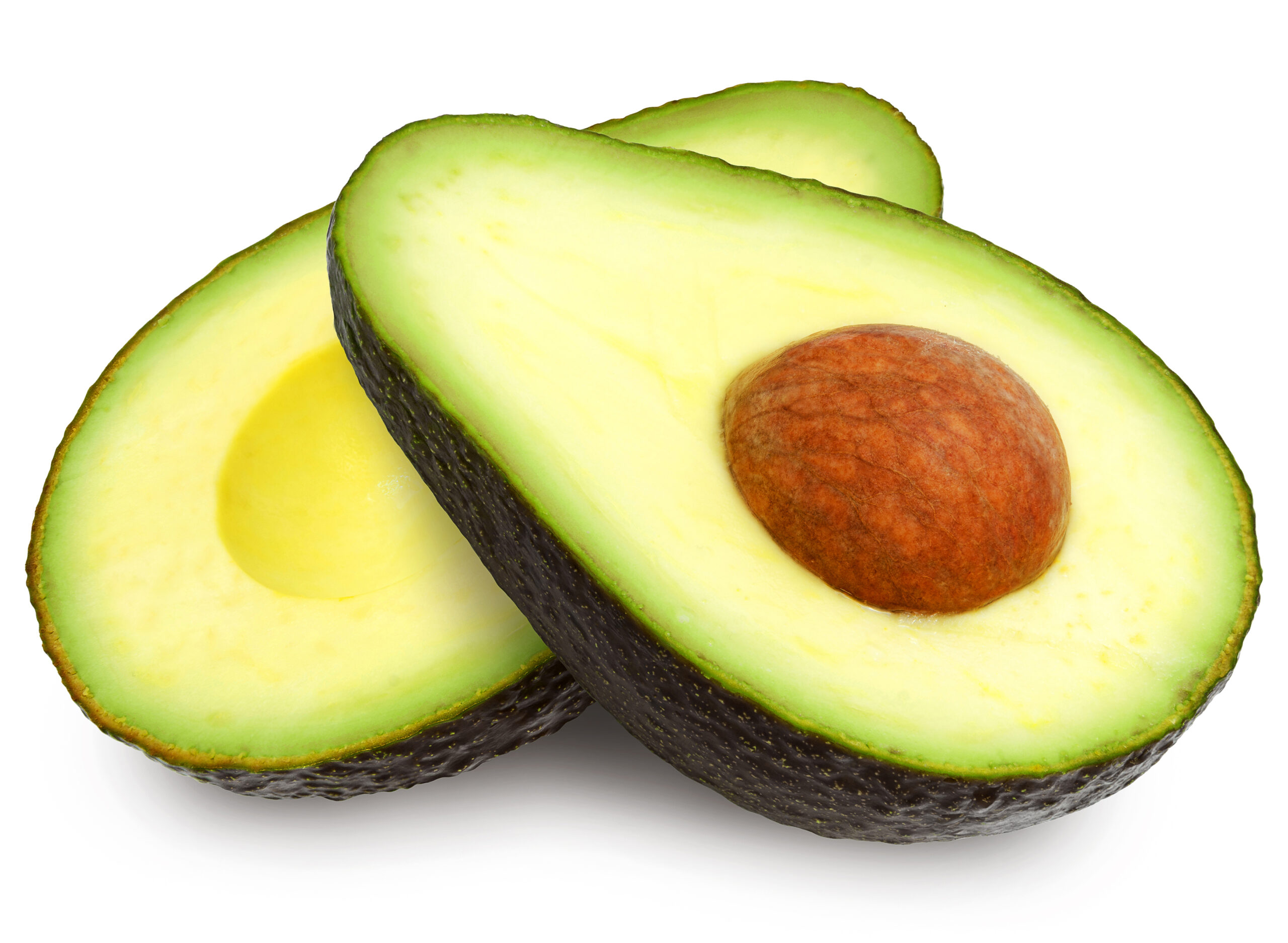 Two slices of avocado isolated on a white background. One slice with core. Design element for product label, catalog print, web use.