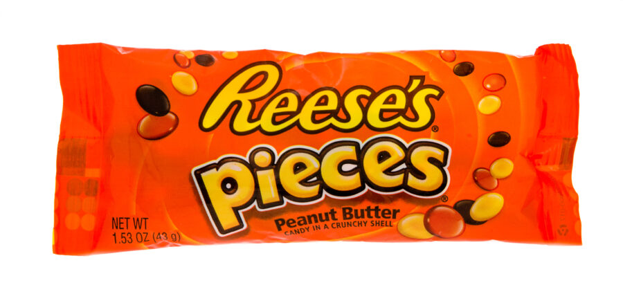 Winneconne, WI, USA -29 Oct 2015: Bag of Reese;s pieces candy in a bag on an isolated backgound