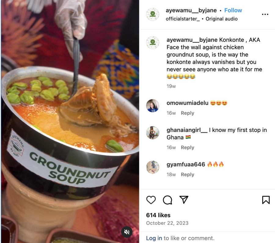 Instagram post of someone stirring konkonte, or groundnut soup, by @ayewamu_byjane