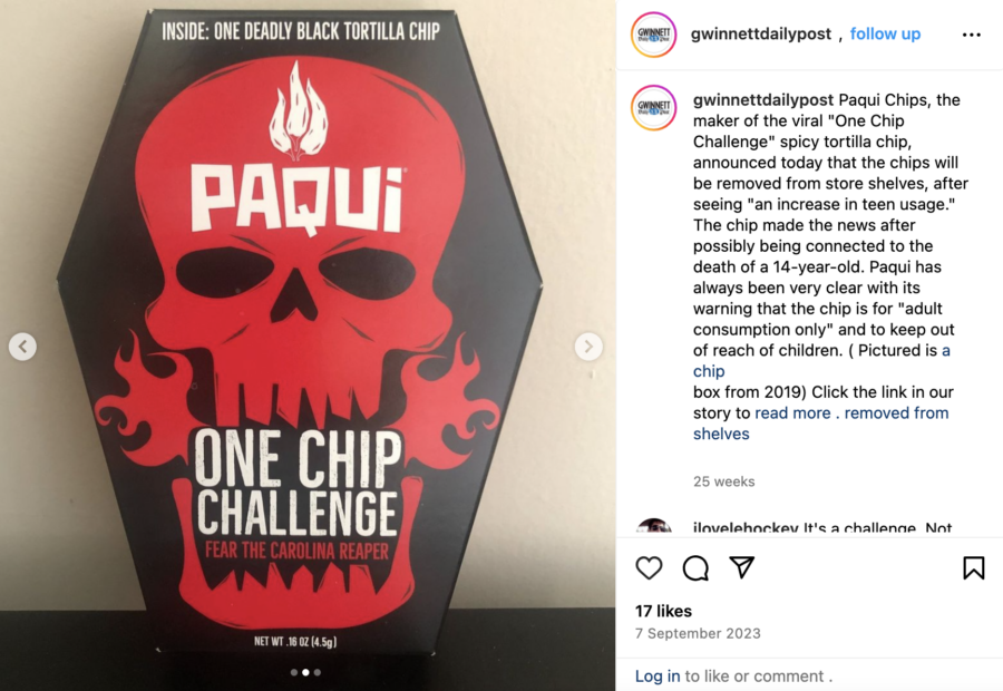 Instagram post by @gwinnettdailypost, showing the package for a Paqui chip