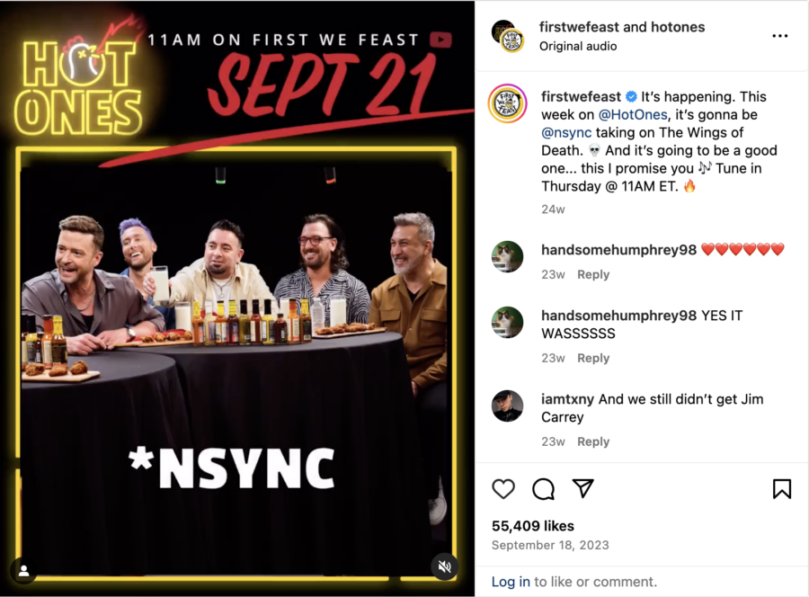 Instagram post of 'NSYNC trying the Hot Ones challenge, by @firstwefeast