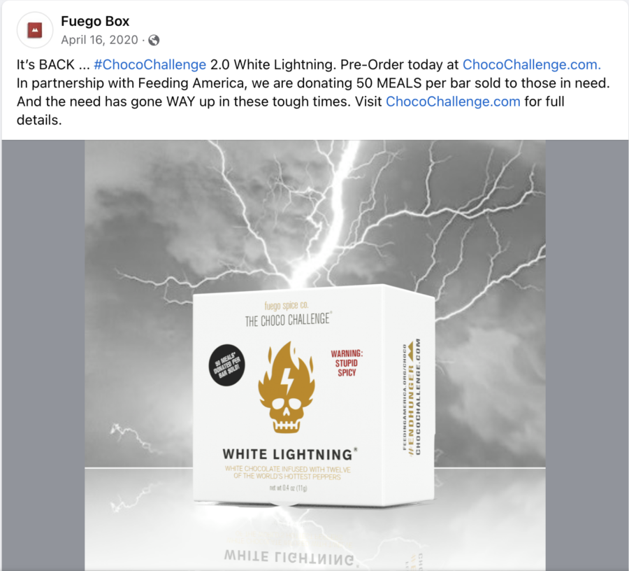 Facebook post by Fuego Box, showing their product, "White Lightning"