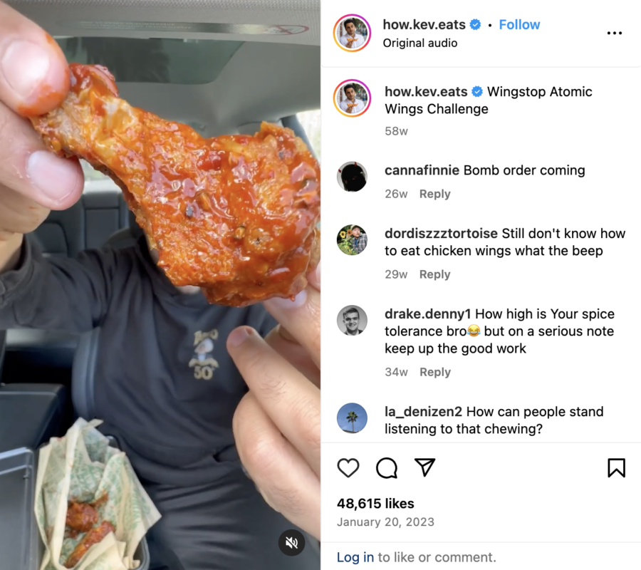 Man showing atomic wing from Wingstop, Instagram post by @how.kev.eats