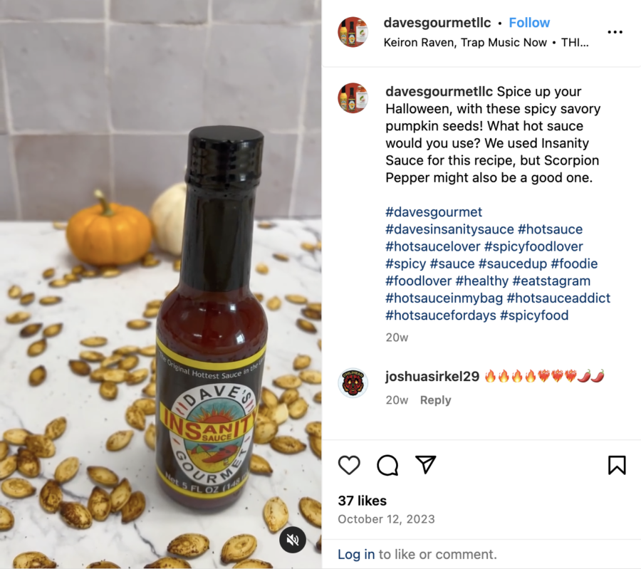 Picture of Dave's Insanity Sauce surrounded by pumpkin seeds, posted on Instagram by @davesgourmetllc