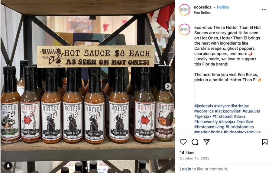 Image of "Hotter than El" hot sauces lined up on a shelf. Posted on Instagram by @ecorelics