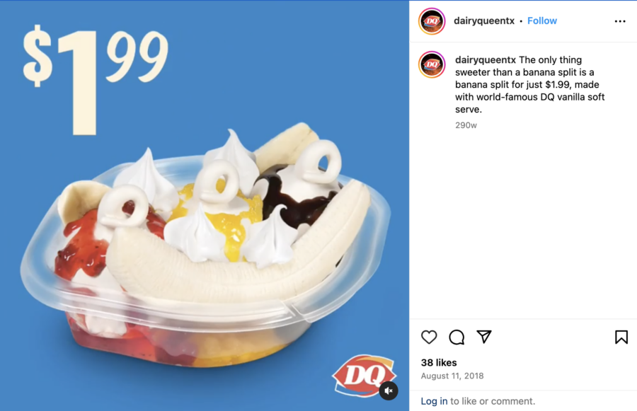 Dairy Queen banana split sundae, on a blue backdrop. Posted on Instagram by @dairyqueentx