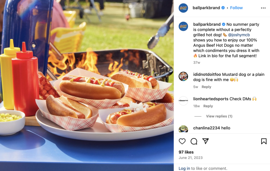 Hot dogs on a grill, posted on Instagram by @ballparkbrand