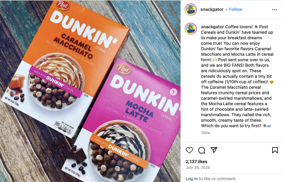 Two boxes of Dunkin' Donuts cereal. Posted on Instagram by @snackgator