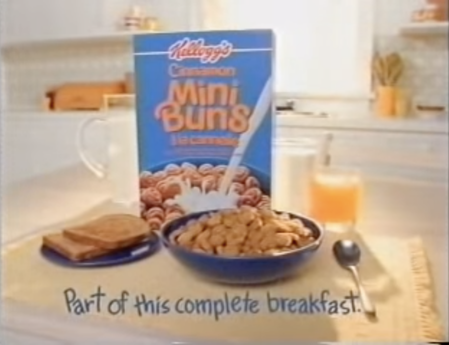 Cinnamon Mini Buns Cereal box and bowl. From old 1992 commercial posted on YouTube by webbox100