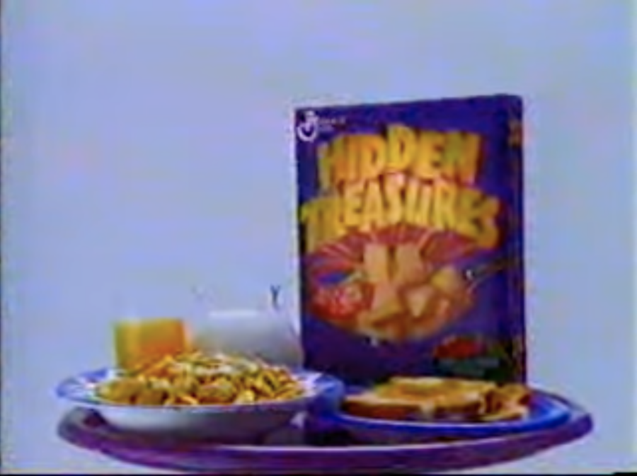 Box and bowl of Hidden Treasures cereal, from 1994 commercial. Posted on YouTube by GrowinupinSincity81