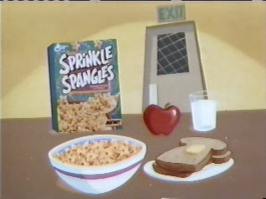 Cartoon image of Sprinkle Spangles cereal and bowl. From 1994 commercial, posted on. YouTube by wtcvidman