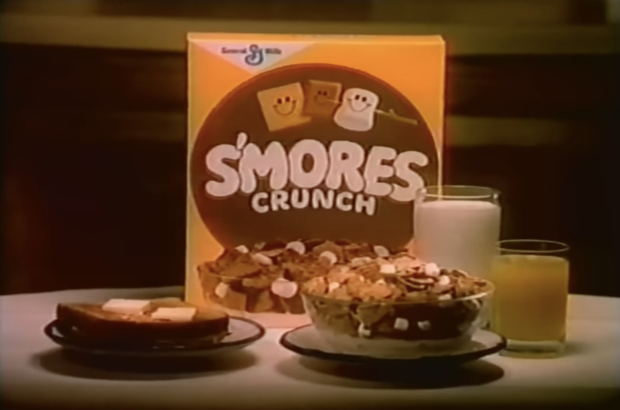 S'mores Crunch cereal box with bowl. From 1980s commercial, posted on YouTube by Cereal Time TV