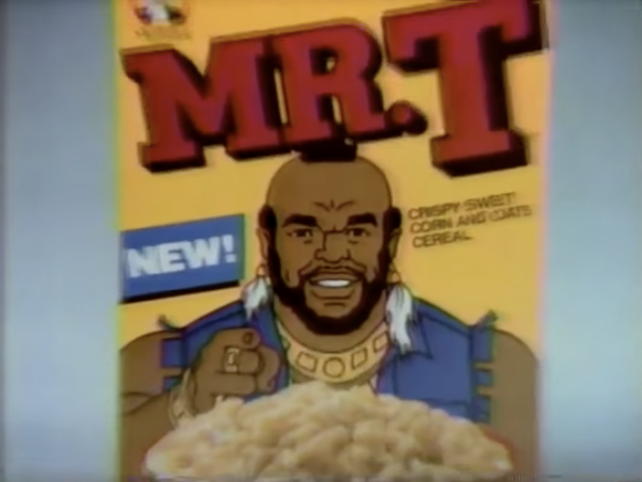Box of Mr. T cereal, from 1980s commercial. Part of YouTube video posted by Cereal Time TV