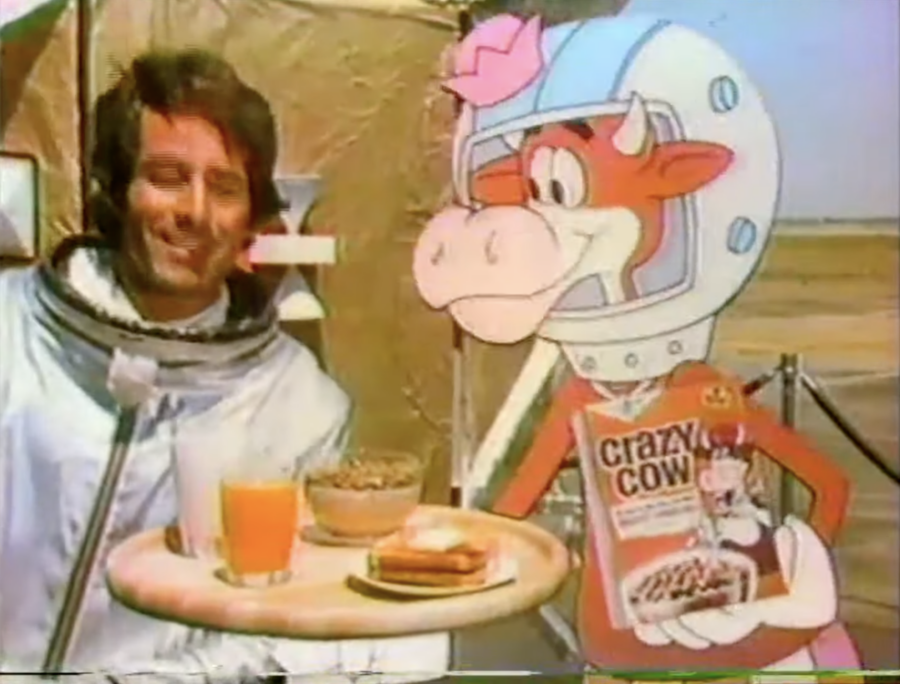 Image of astronaut and animated cow with Crazy Cow cereal. From 1970s commercial. Posted to YouTube by Cereal Time TV.