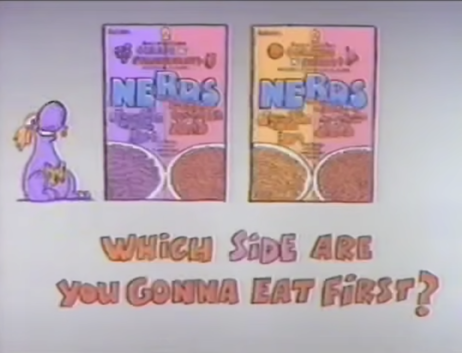 Two boxes of different flavors of Nerds cereal next to each other. From 1986 commercial, posted to YouTube by Jason Harder