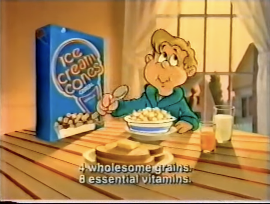 Image from 1980s Ice Cream Cones cereal commercial, posted on YouTube by 80scommercialsforever