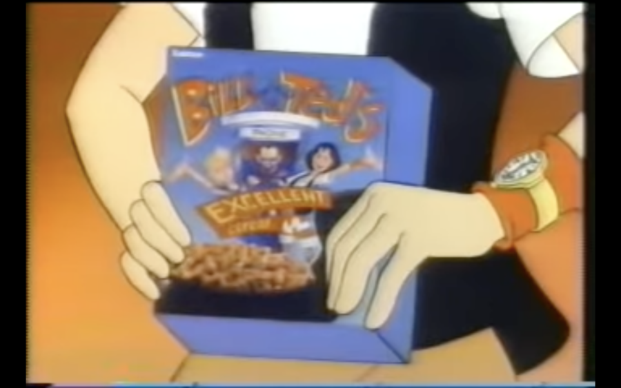 Box of Bill & Ted's Excellent Cereal, from 1990s commercial. Posted to YouTube by Linda Kay