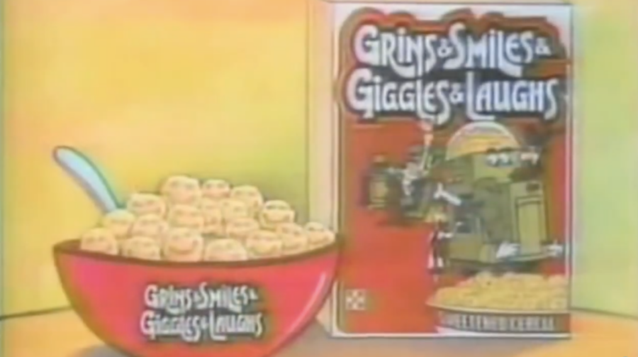 Box and bowl of Grins & Smiles & Giggles & Laughs cereal, from 1970s commercial. Posted to YouTube by Cereal Time TV