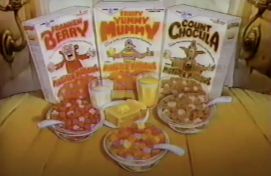 three boxes of cereal (Franken Berry, Fruity Yummy Mummy, Count Chocula), with three bowls in front of them. From 1989 commercial, posted to YouTube by Mark Krugman