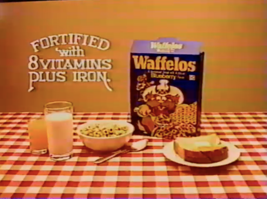 Box of Waffelos cereal, from 1982 commercial, posted on YouTube by 1980s Commercials