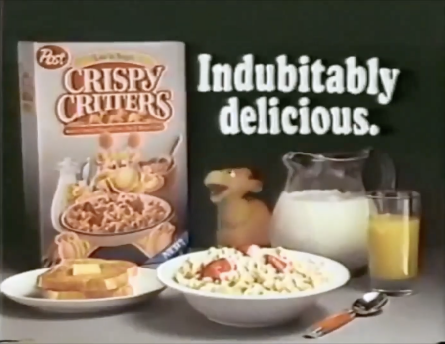 Box and bowl of Crispy Critters cereal, from 1987 commercial, posted to YouTube FM1156