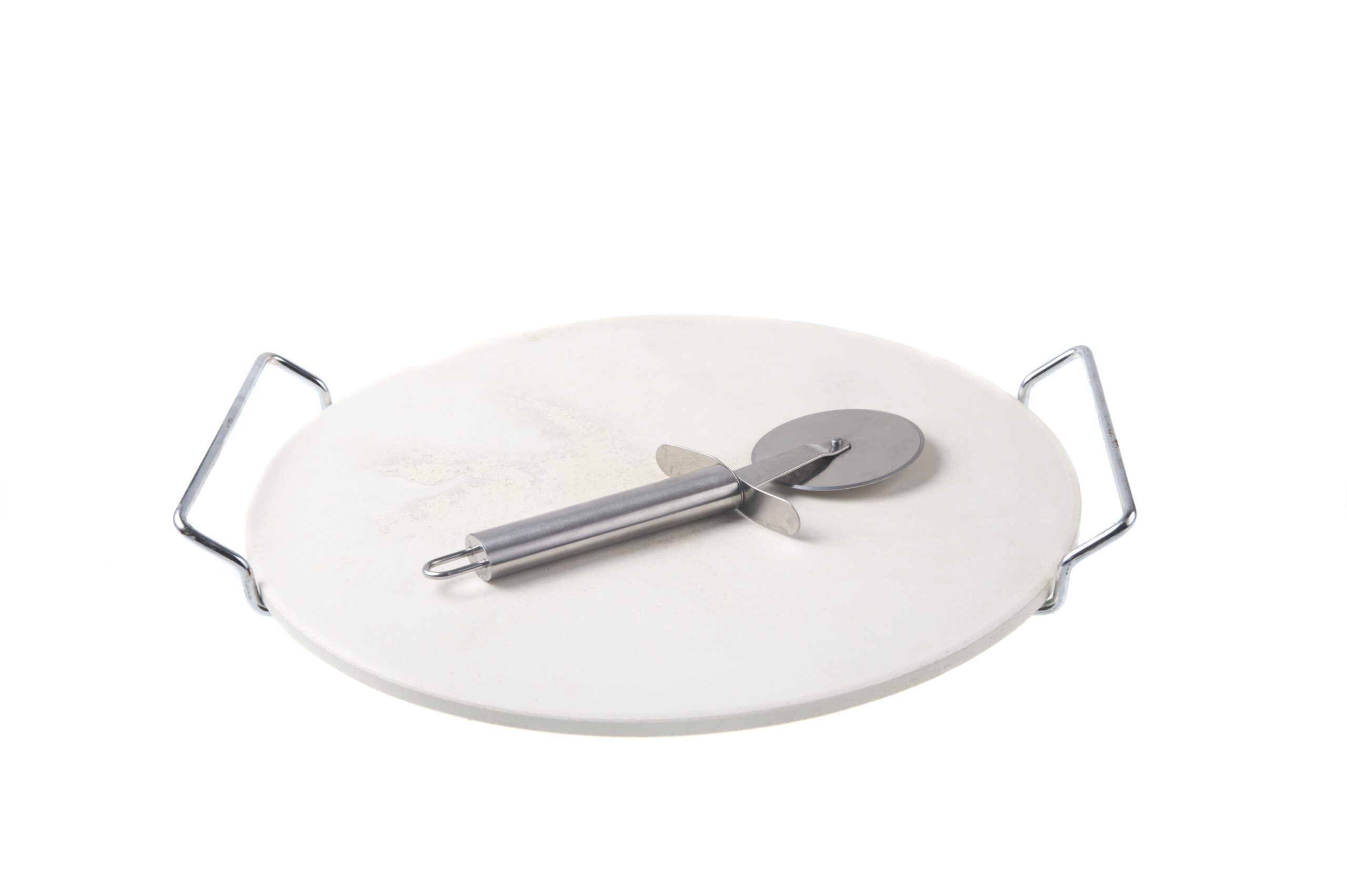 A Pizza stone and cutter isolated on a white background