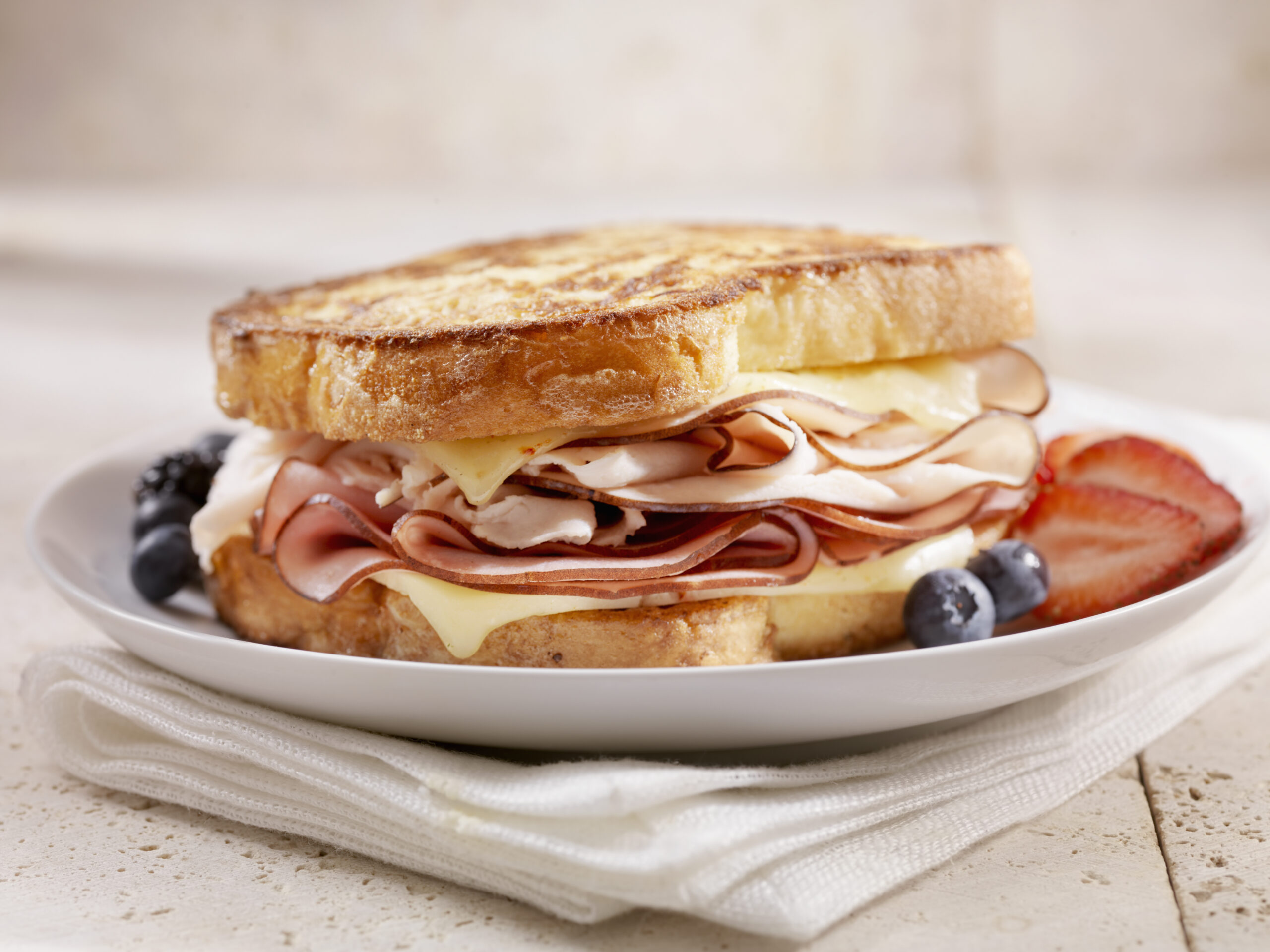 Battered French Toast with Ham, Turkey And Cheese Sandwich-Photographed on Hasselblad H3D-39mb Camera