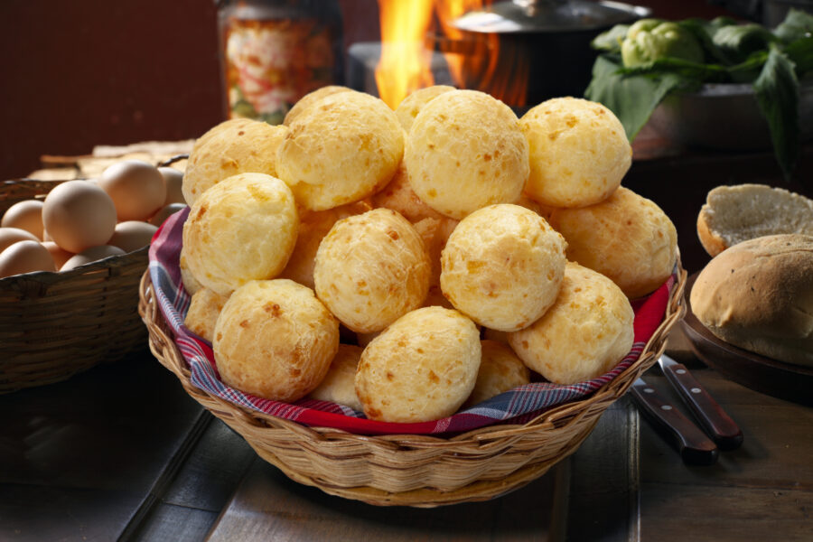 Brazilian snack cheese bread, pao de queijo, in a basket