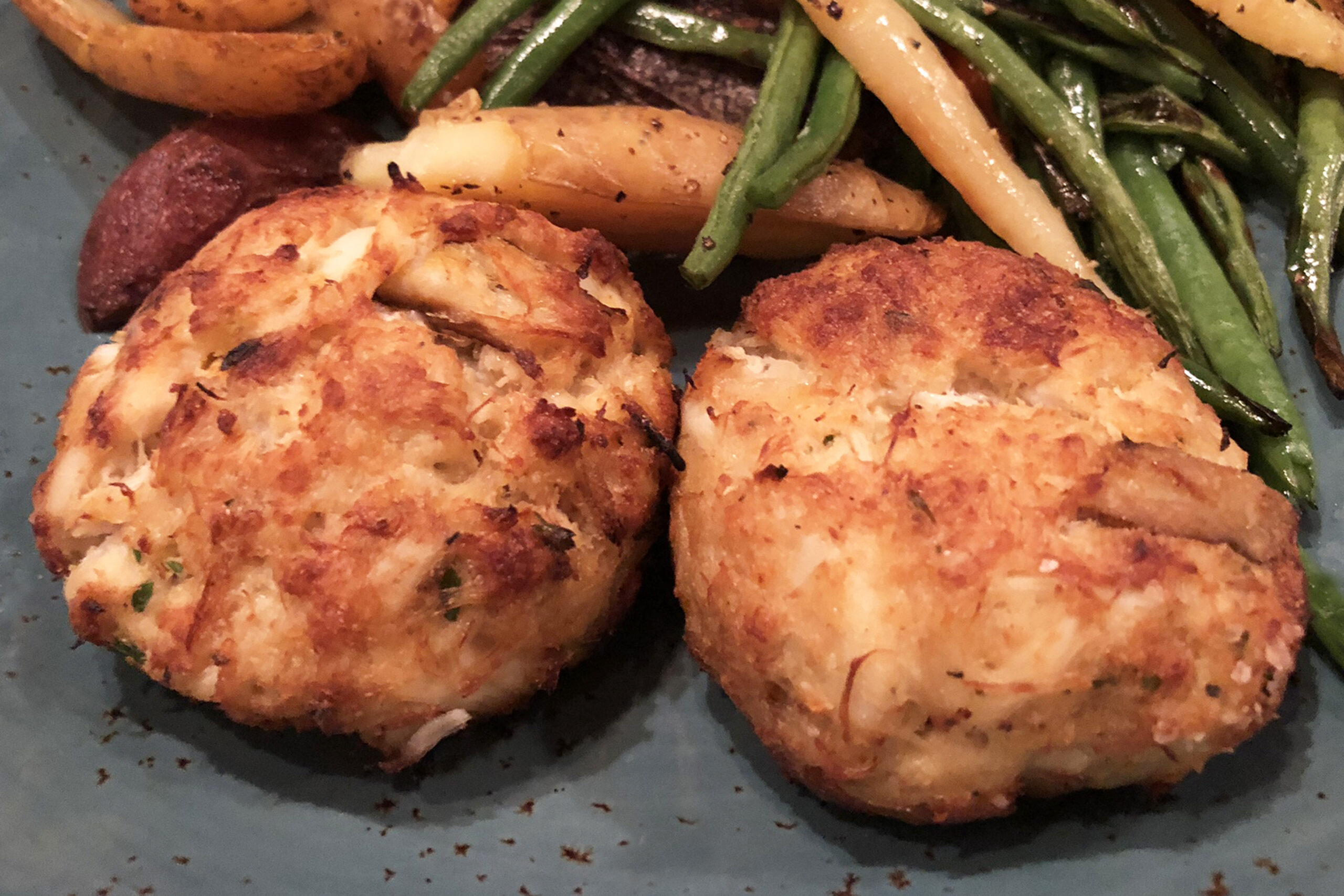 Close-up of authentic Maryland crab cakes.