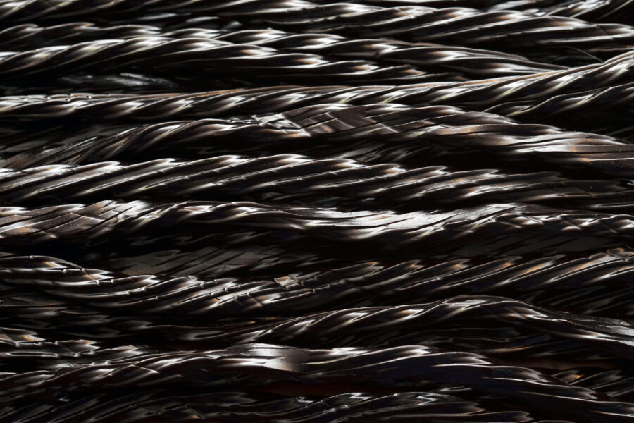 Close up of strips of black licorice in a row. 