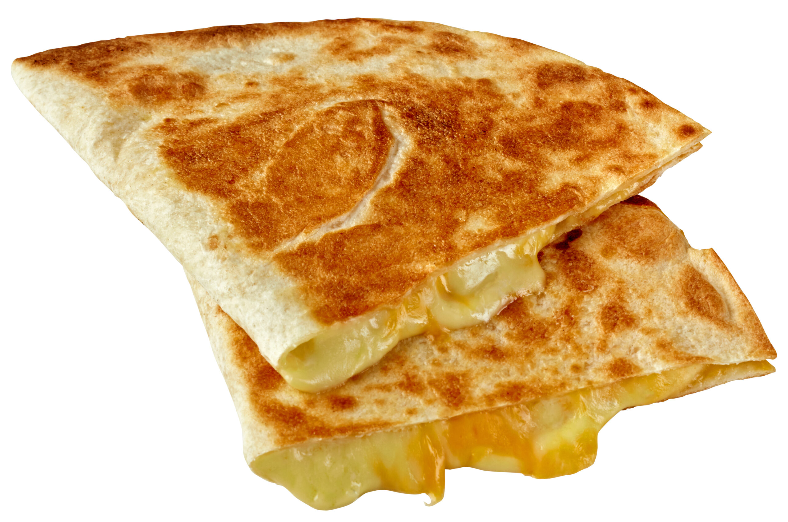 Closeup of two halves of delicious quesadilla of corn tortilla filled with cheese isolated on white background. Traditional hot dish of Mexican cuisine