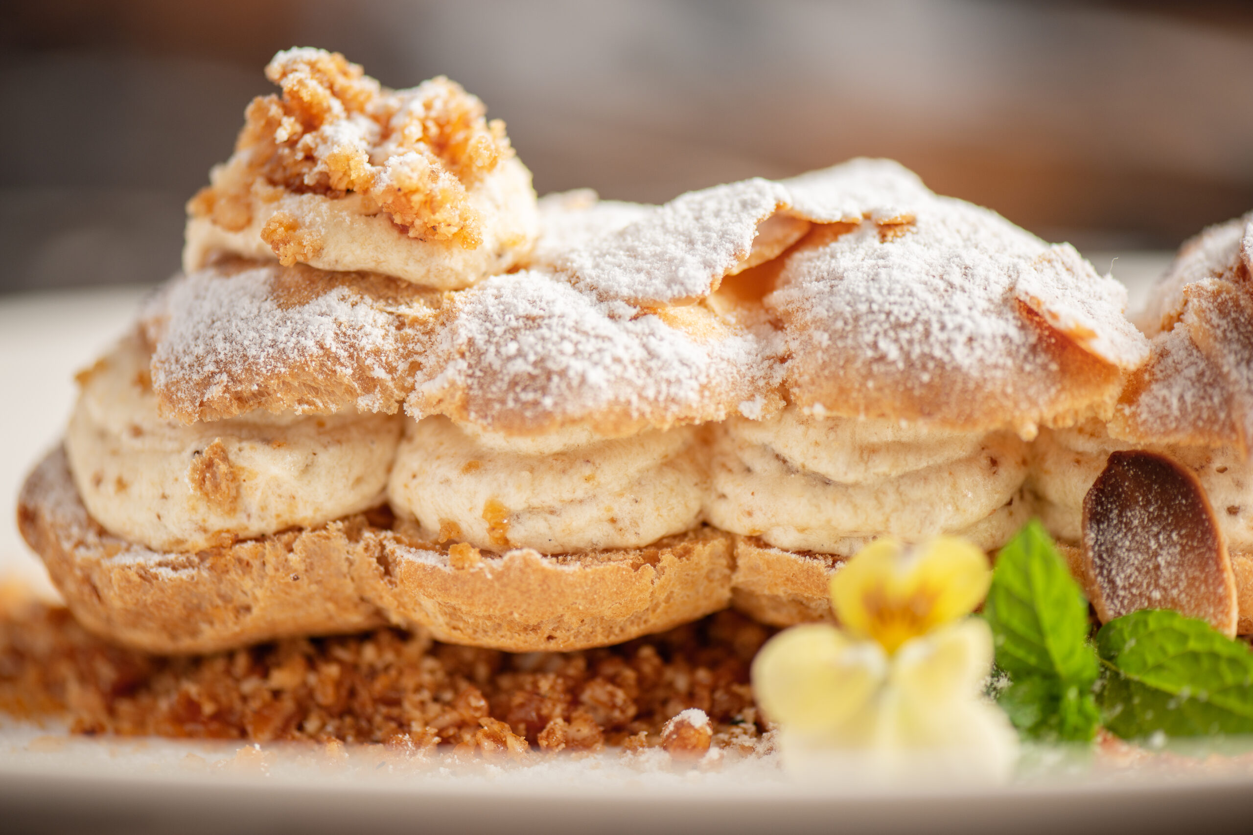 Deliciously crunchy Paris-Brest Eclair filled with almond praline buttercream