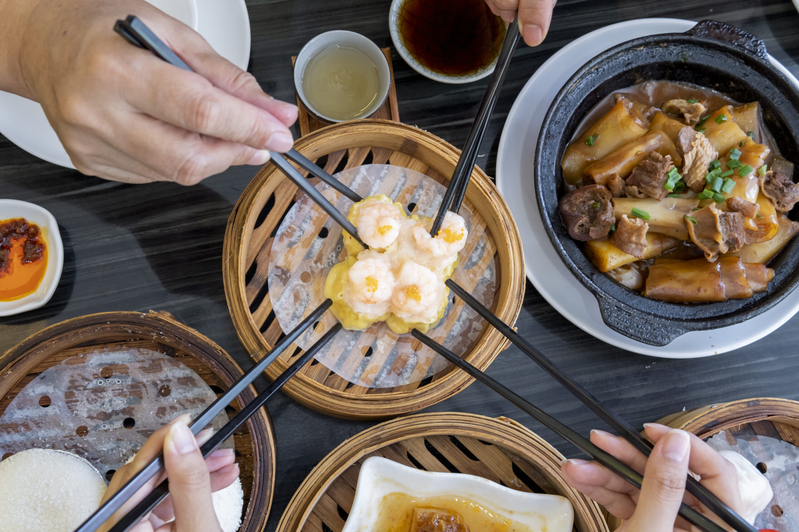 Dum sum including Shrimp Dumpling, Shumai, Honeycomb Tripes, Tenderloin Chee Cheong Fun, Fried Turnip Cake in the restaurant in Guangzhou, Guangdong.