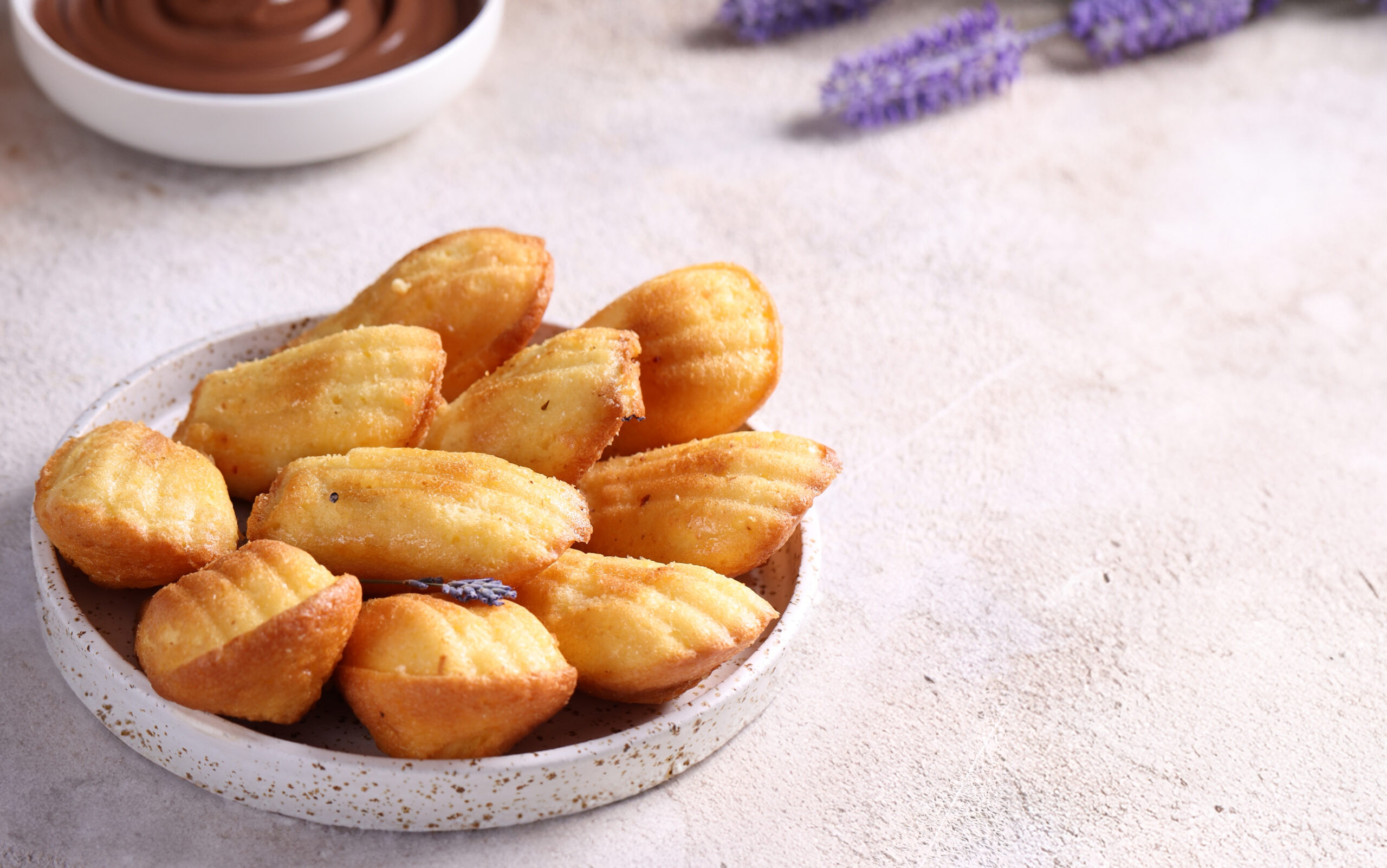 french traditional madeleine biscuits with chocolate sauce