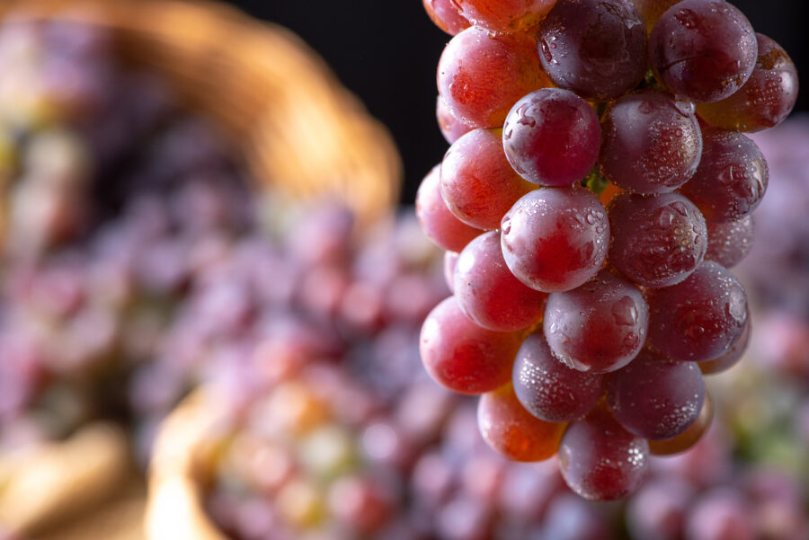 details of grapes on rustic wood, selective focus.