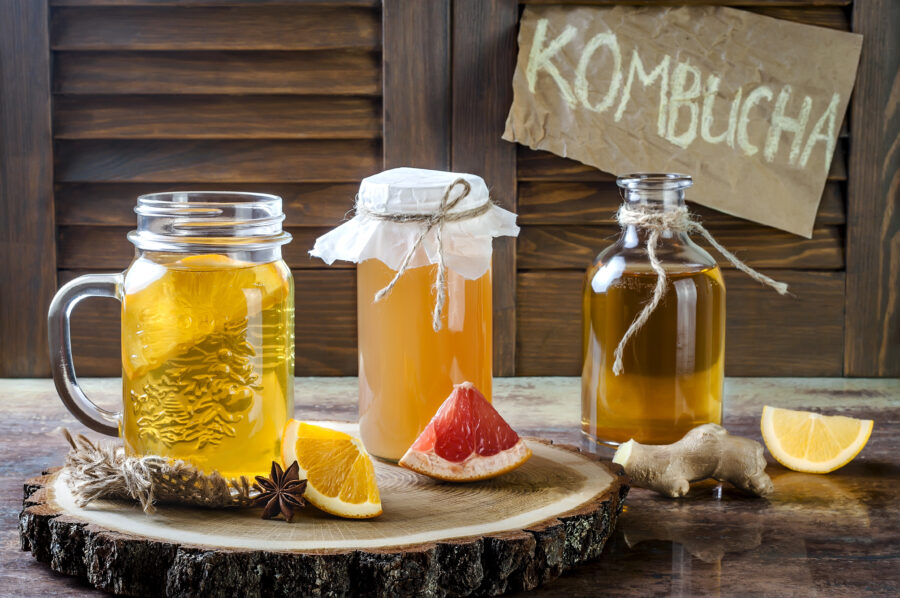 Homemade fermented raw kombucha tea with different flavorings.