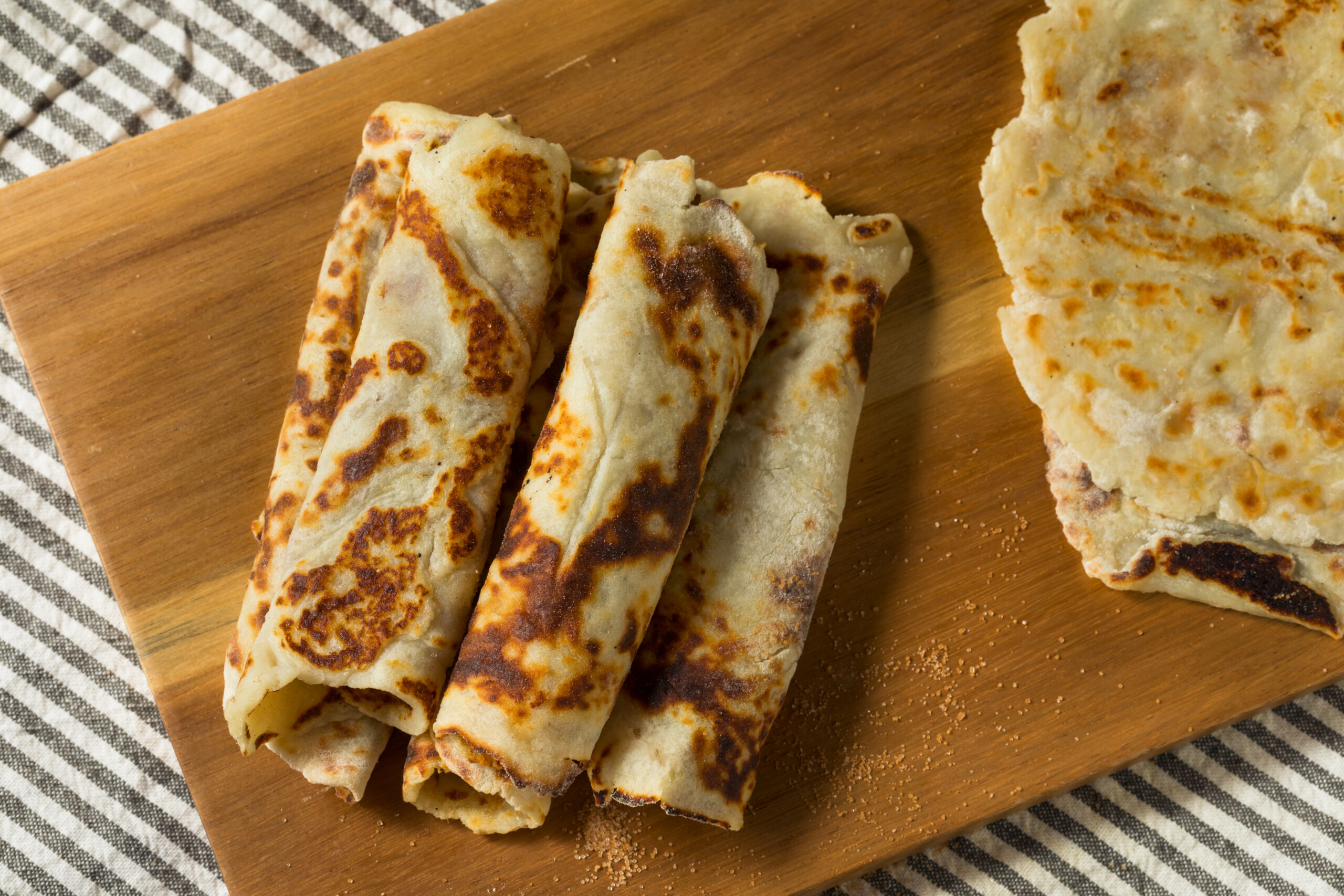 Homemade Norwegian Potato Lefse Flatbread with Sugar and Butter