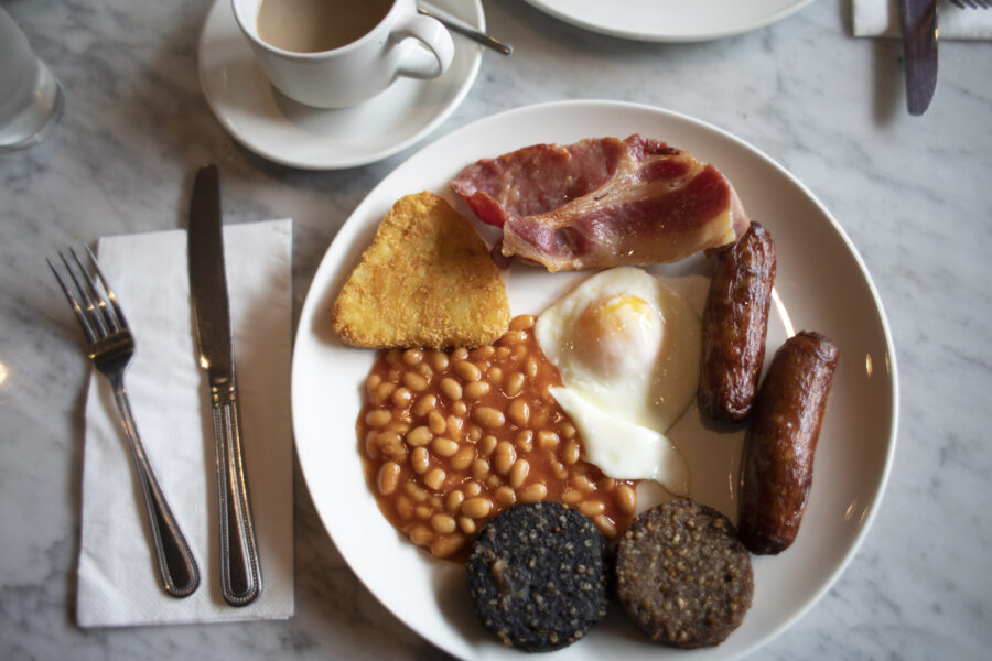 Full Irish breakfast: Irish sausage, bacon, over easy egg, baked beans, toast, black and white pudding