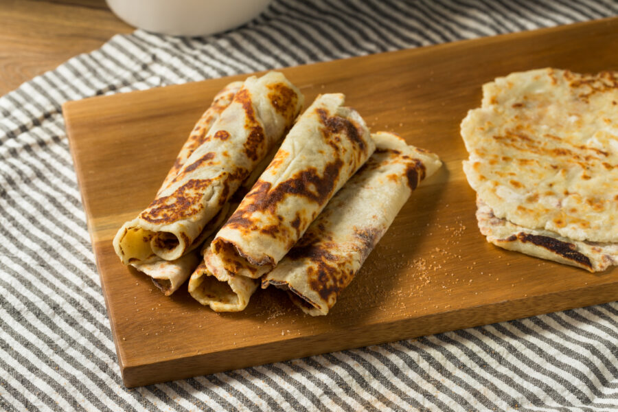 Homemade Norwegian Potato Lefse Flatbread with Sugar and Butter