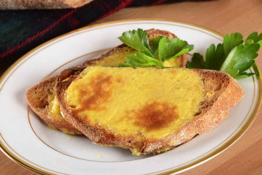 Traditional Welsh Rarebit - toast topped with a sauce of melted cheese, beer, mustard and Worcestershire sauce.