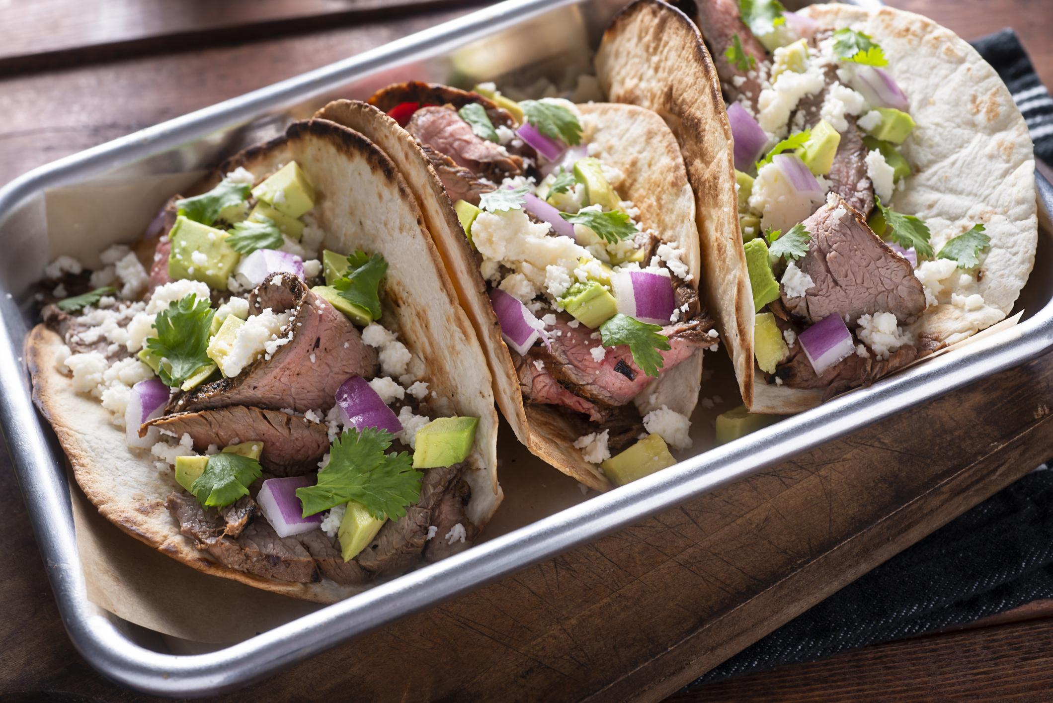 Flank Steak Tacos with Cilantro, Lime, Queso Fresco and Avocado