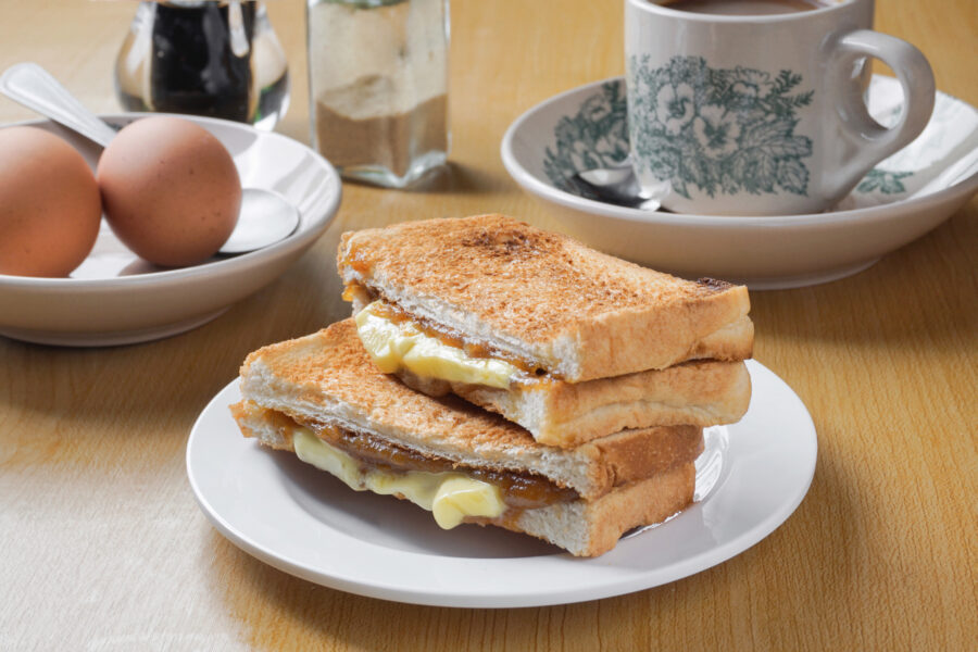 Kaya toast butter. Traditional oriental and vintage kopitiam breakfast style. Popular in Malaysia and Singapore