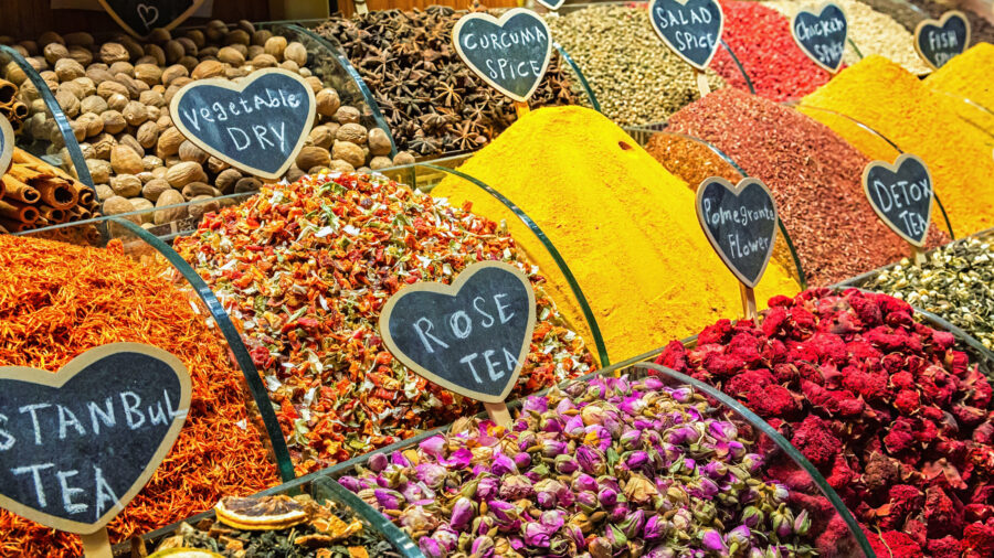 Various sorts of tea and spices at Egypt Bazaar (Misir Carsisi) in Istanbul, Turkey (Turkiye). Selected focus, copy space, colorful set of spices