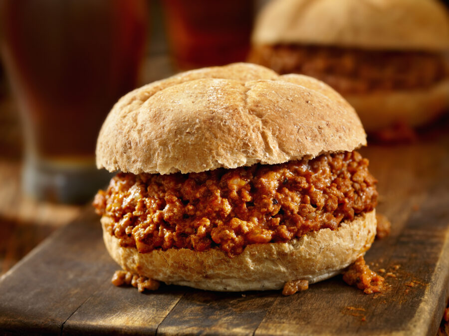 Sloppy Joe with Wedge Cut Fries and a Beer