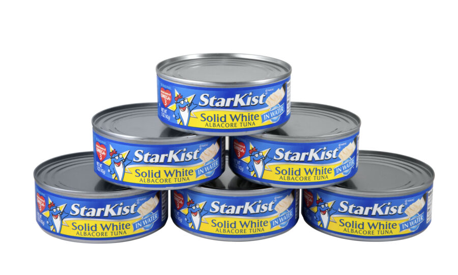 StarKist Solid Albacore White Tuna cans stacked in a triangle.