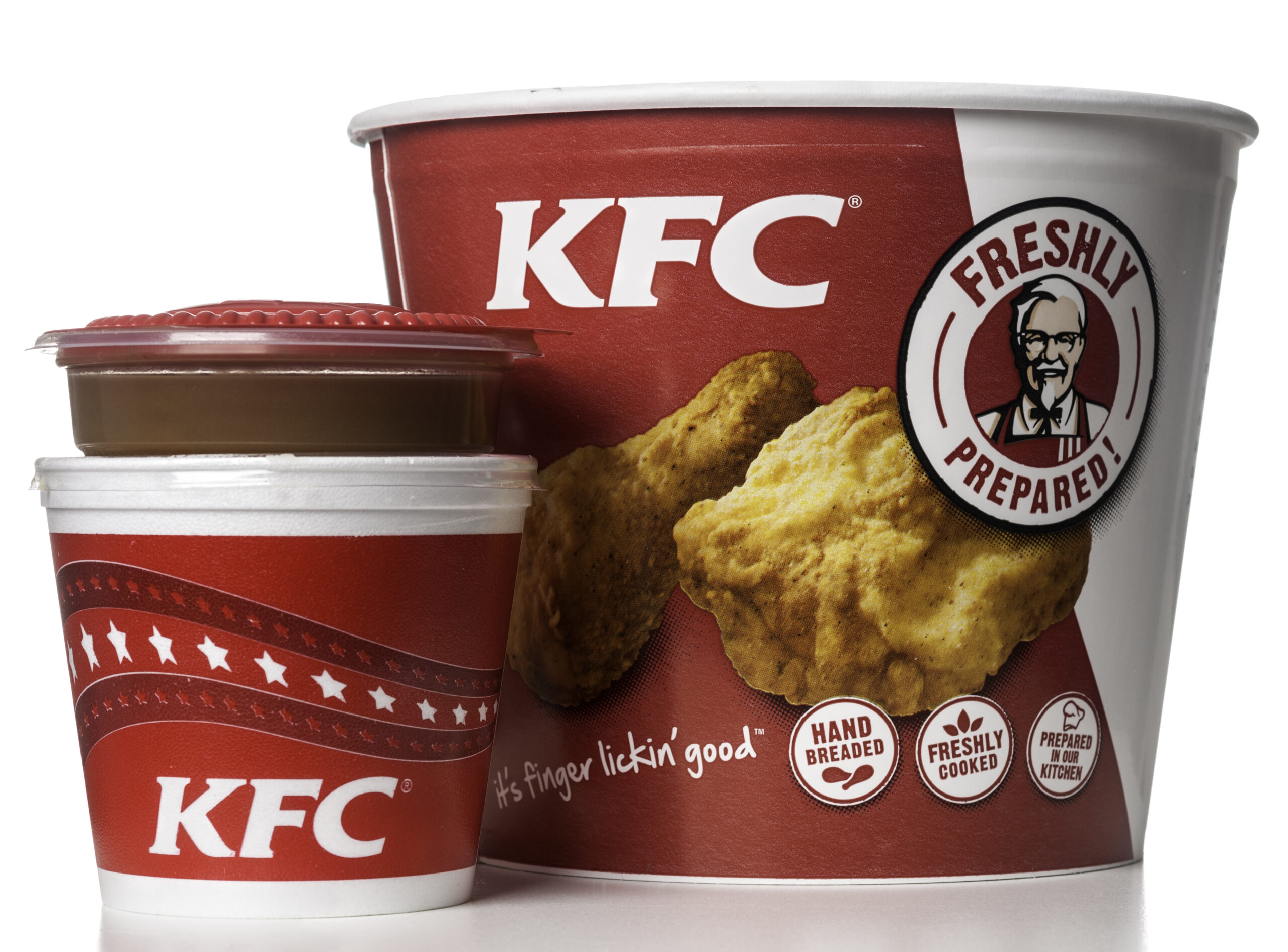 KFC bucket with mashed potatoes and signature gravy.